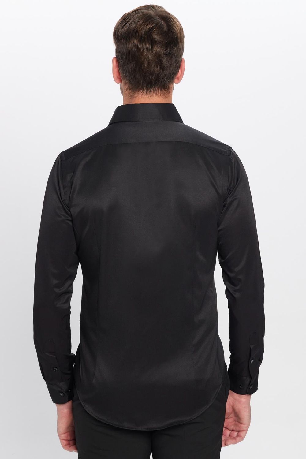 Erkek Slim Fit Dar Kesim Pamuklu Düz Siyah Gömlek