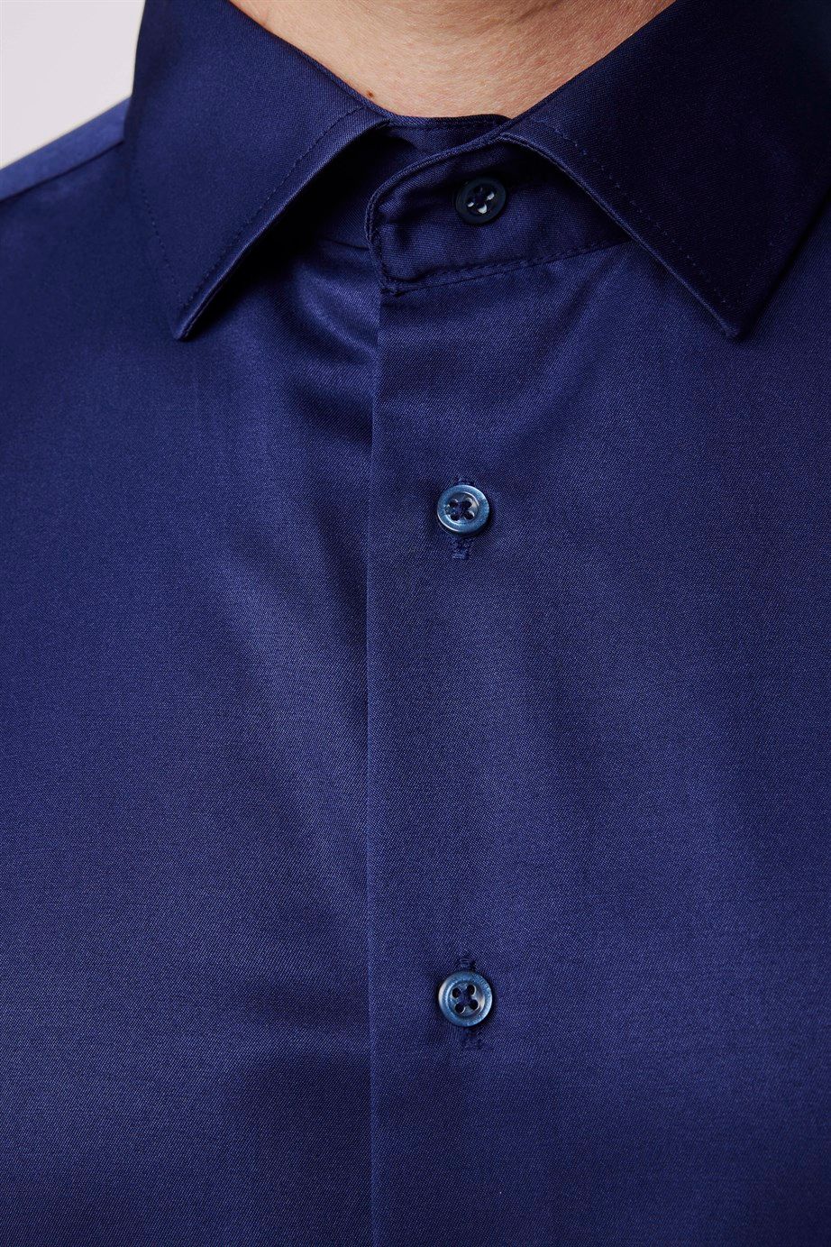 Slim Fit Pamuklu Düz Erkek Lacivert Gömlek