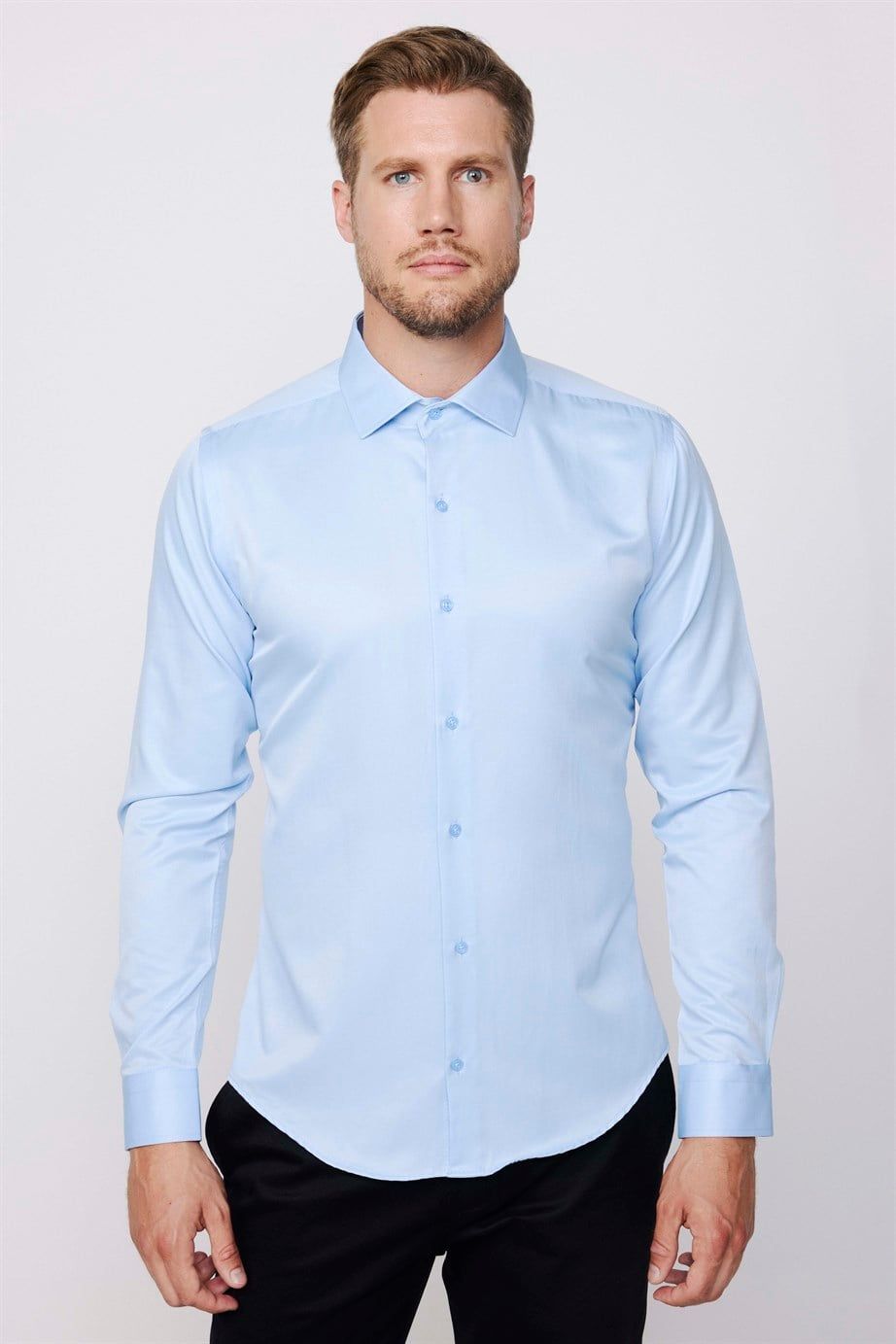Slim Fit Dar Kesim Pamuklu Düz Erkek Mavi Gömlek