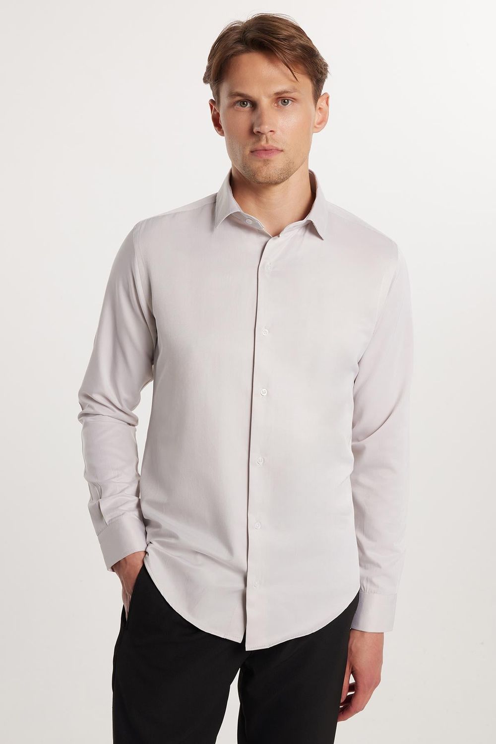 Slim Fit Uzun Kollu Pamuklu Düz Erkek Bej Gömlek