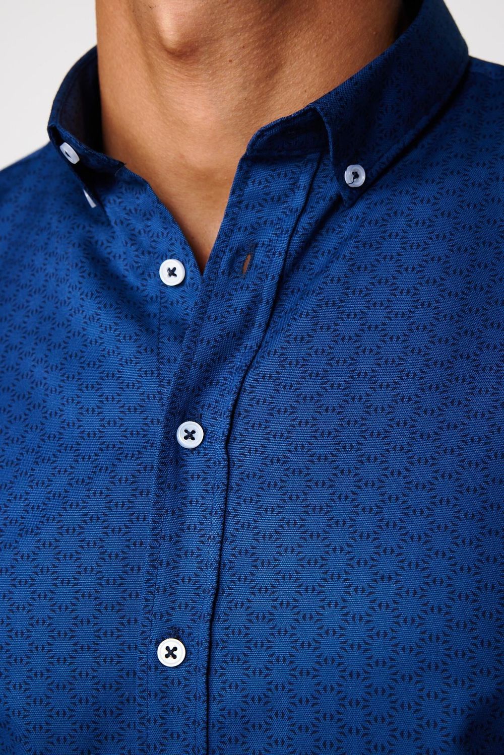 Slim Fit Pamuklu Kolay Ütü Desenli İndigo Erkek Gömlek