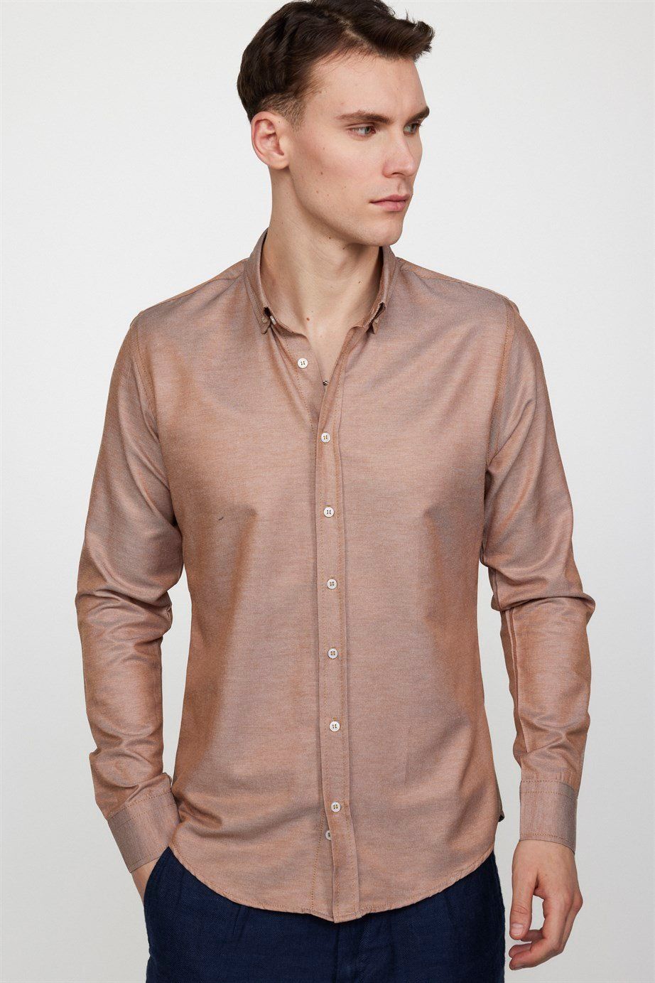 Slim Fit Pamuklu Kolay Ütü Düz Erkek Kum Gömlek