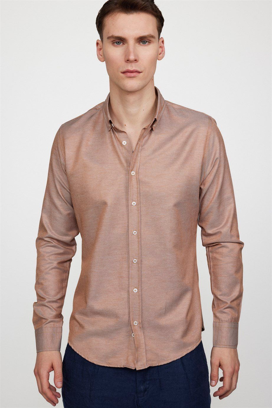 Slim Fit Pamuklu Kolay Ütü Düz Erkek Kum Gömlek