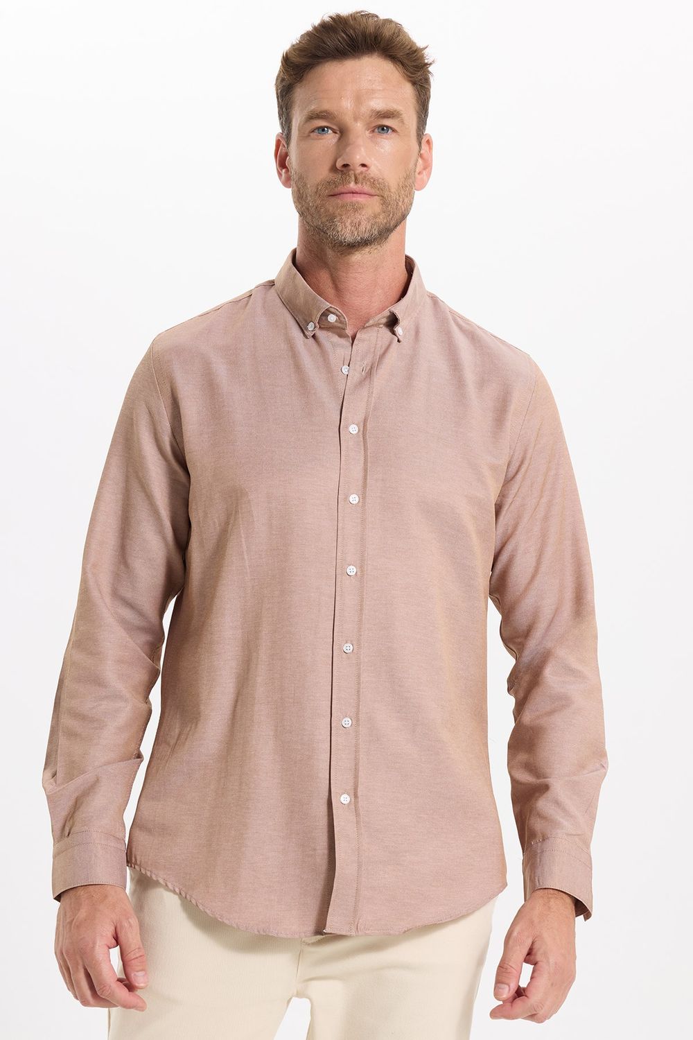 Slim Fit Uzun Kollu Düğmeli Yaka Pamuklu Kolay Ütülenebilir Düz Erkek Gömlek