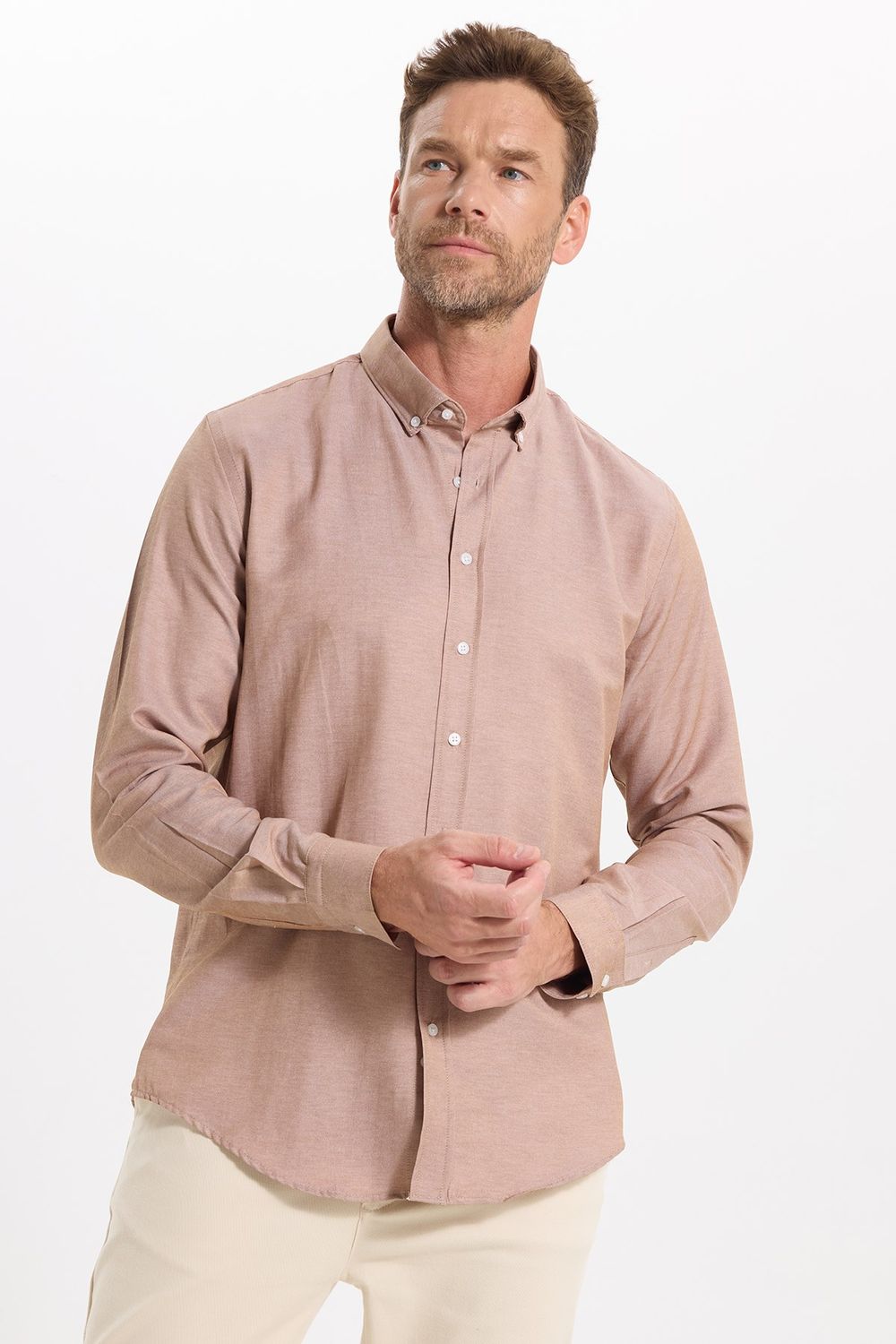 Slim Fit Uzun Kollu Düğmeli Yaka Pamuklu Kolay Ütülenebilir Düz Erkek Gömlek
