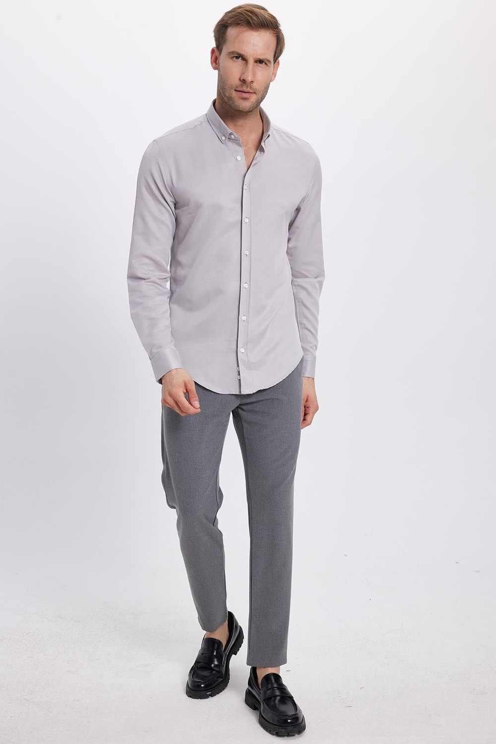Erkek Slim Fit Dar Kesim Pamuklu Kolay Ütü Gri Düğmeli Yaka Gömlek