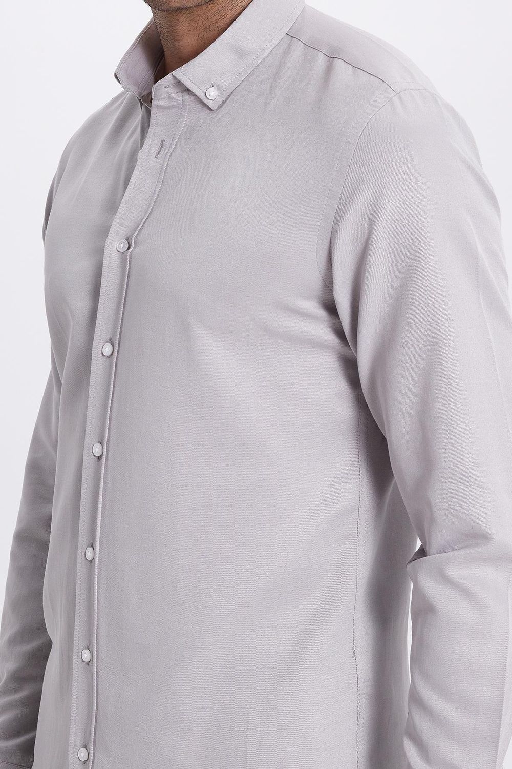 Erkek Slim Fit Dar Kesim Pamuklu Kolay Ütü Gri Düğmeli Yaka Gömlek