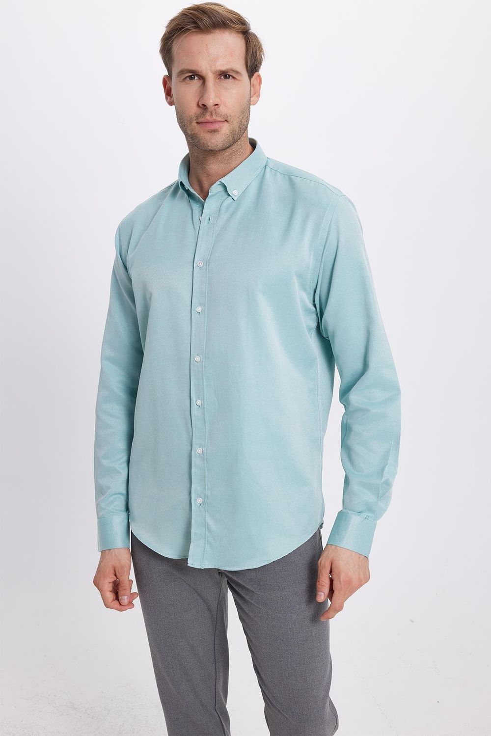 Erkek Slim Fit Dar Kesim Pamuklu Kolay Ütü Yeşil Düğmeli Yaka Gömlek