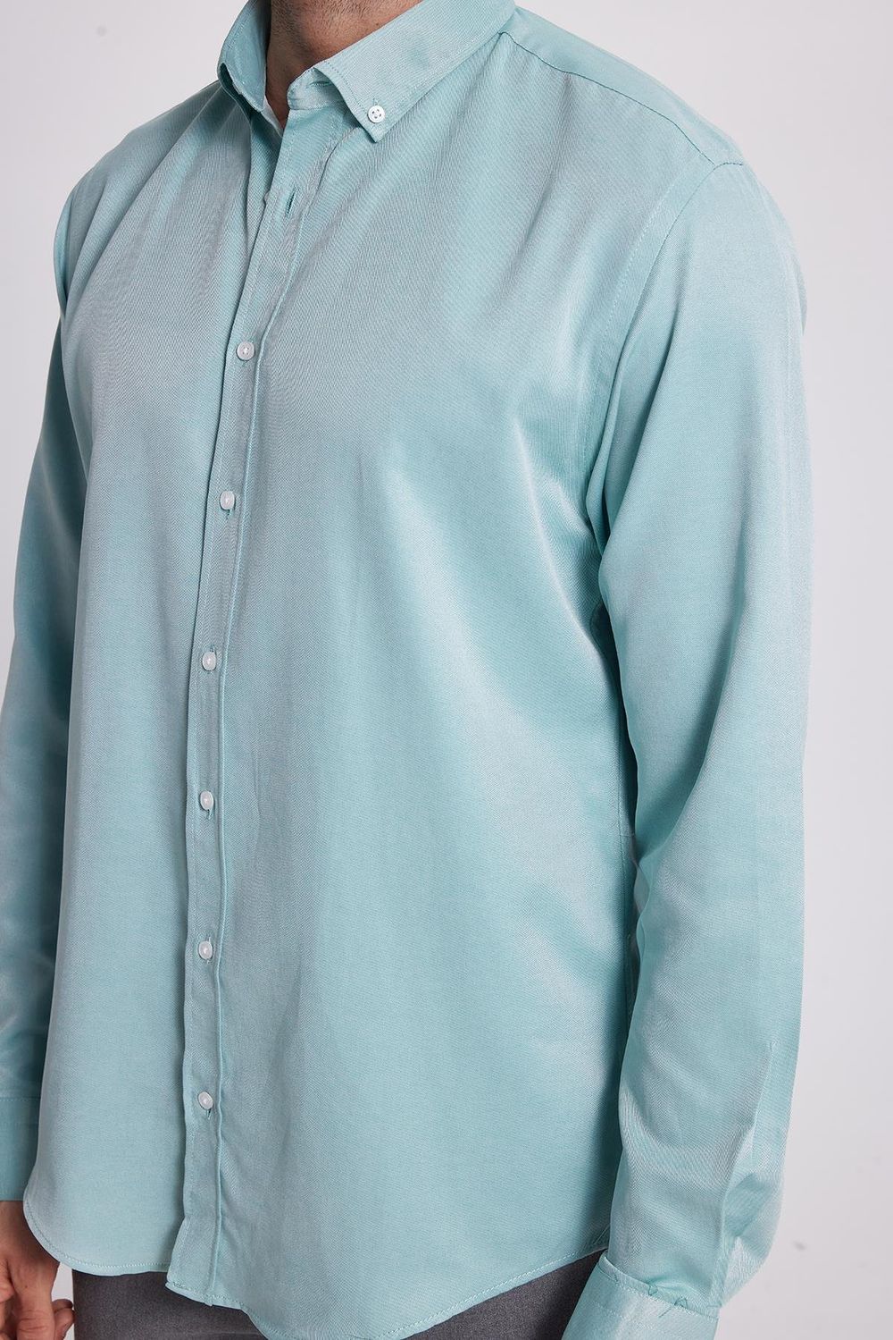 Erkek Slim Fit Dar Kesim Pamuklu Kolay Ütü Yeşil Düğmeli Yaka Gömlek