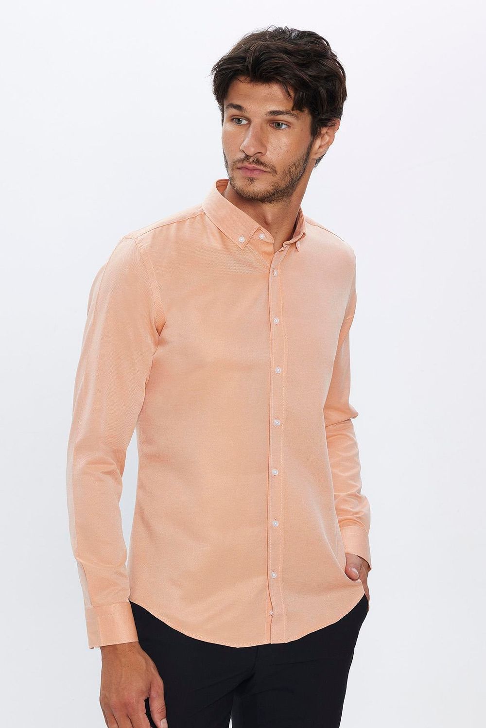 Slim Fit Düğmeli Yaka Pamuklu Kolay Ütü Düz Erkek Gömlek