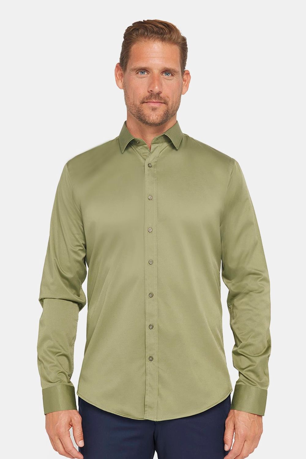 Slim Fit Uzun Kollu Likralı Düz Pamuk Saten Erkek Yeşil Gömlek