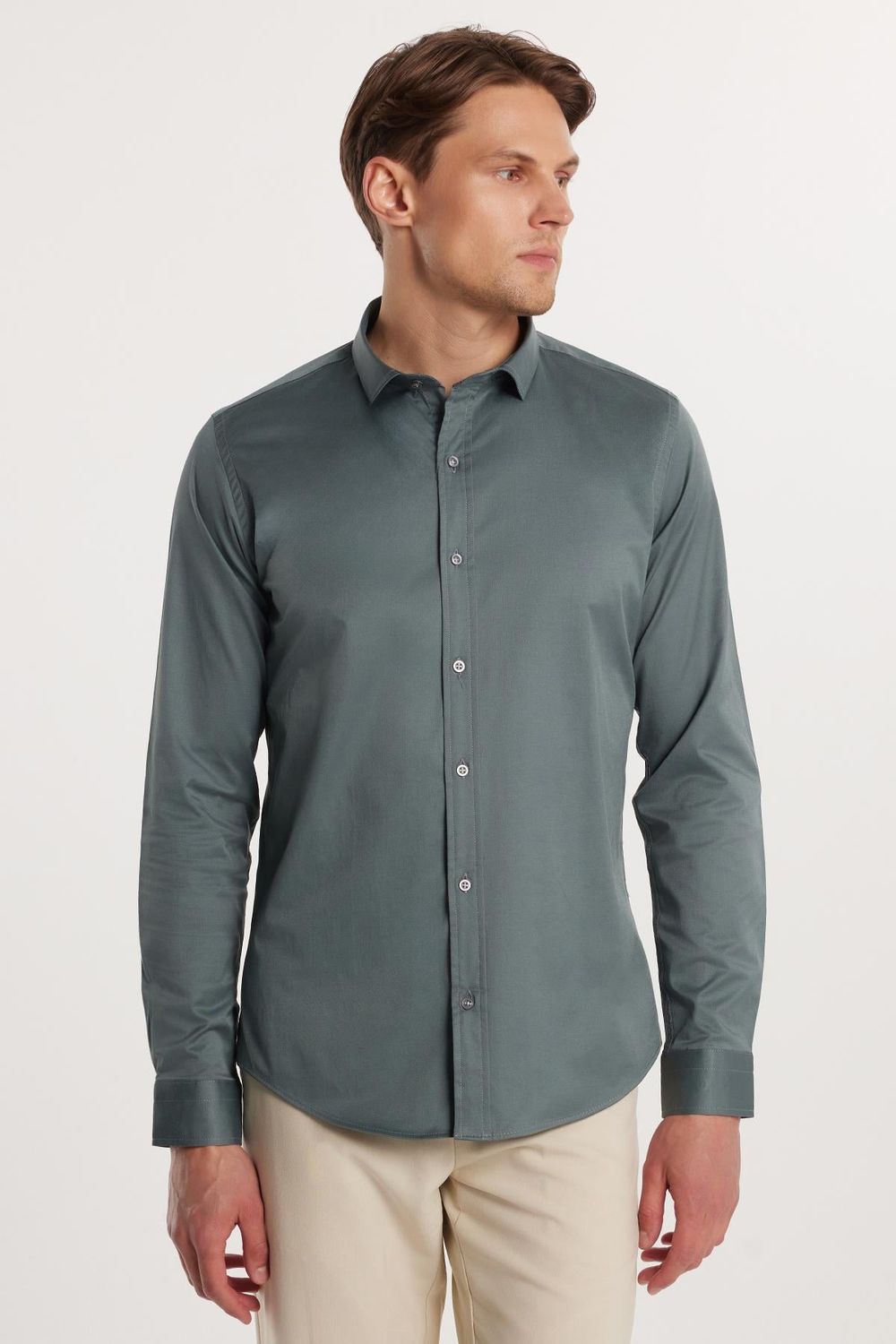 Slim Fit Uzun Kollu Likralı Düz Pamuk Saten Erkek Yeşil Gömlek