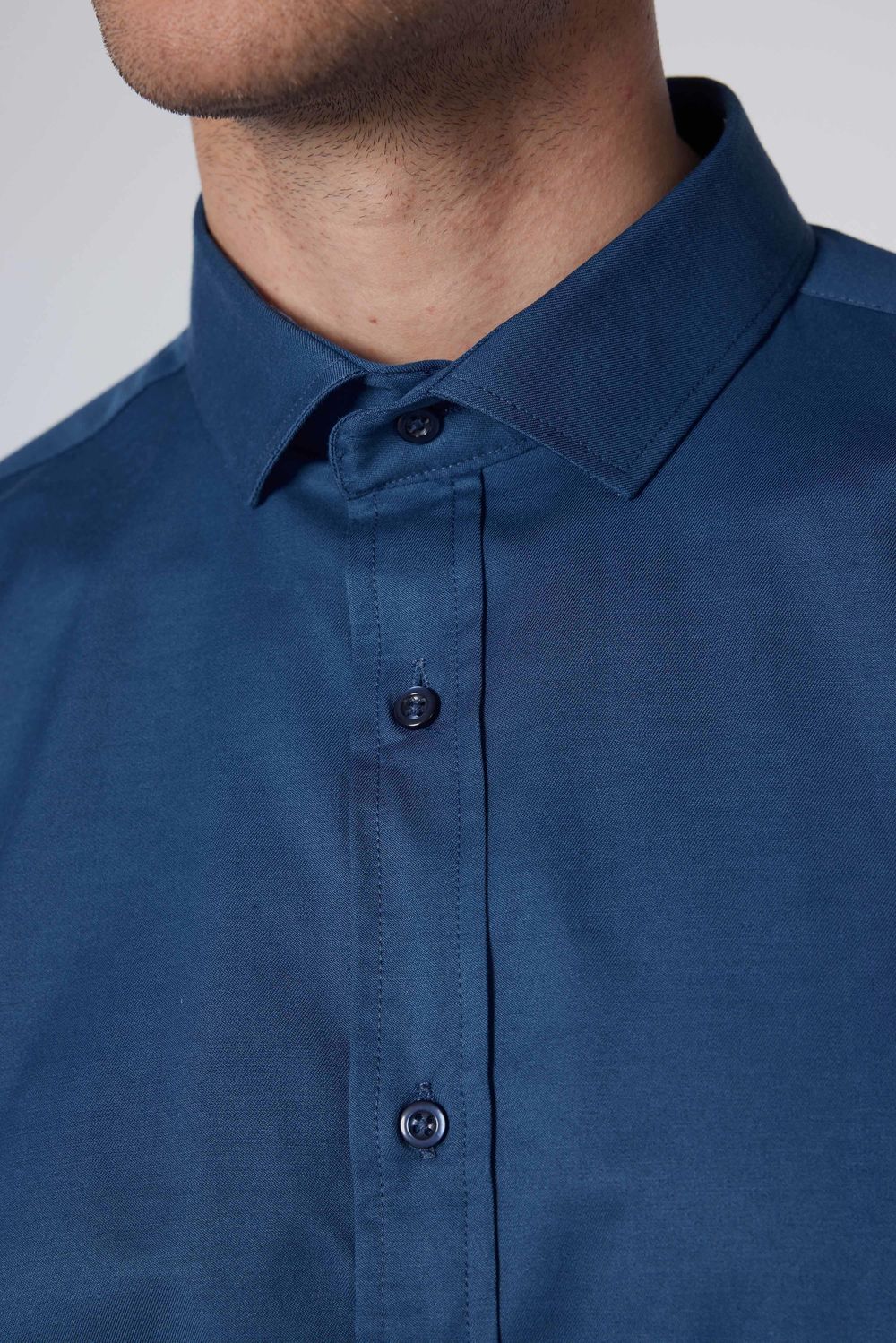 Slim Fit Likralı Düz Pamuk Saten Erkek Mavi Gömlek