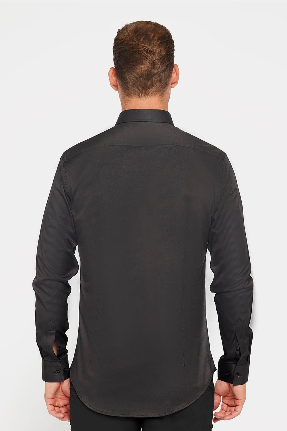 Slim Fit Uzun Kollu Likralı Düz Pamuk Saten Erkek Siyah Gömlek