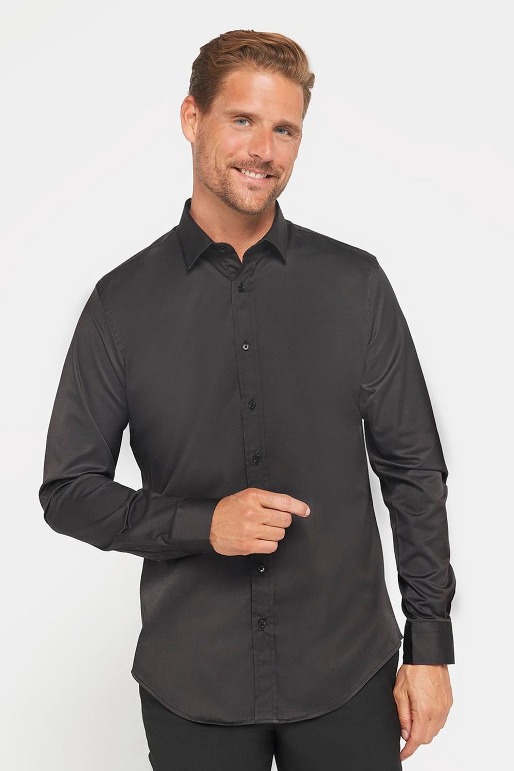 Slim Fit Uzun Kollu Likralı Düz Pamuk Saten Erkek Siyah Gömlek