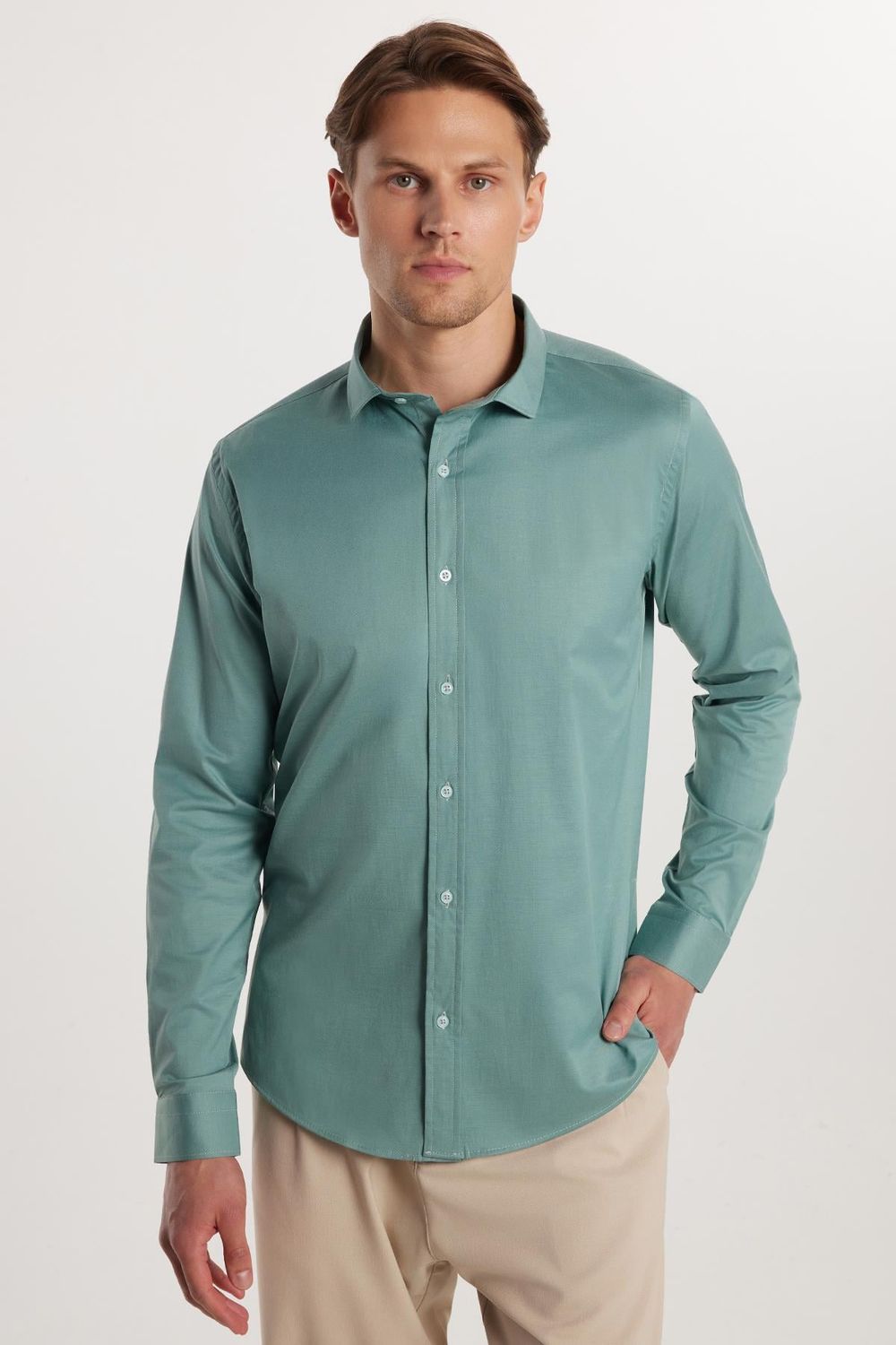 Slim Fit Uzun Kollu Likralı Düz Pamuk Saten Erkek Yeşil Gömlek
