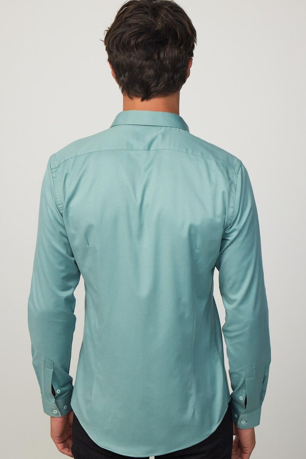 Slim Fit Likralı Düz Pamuk Saten Yeşil Erkek Gömlek