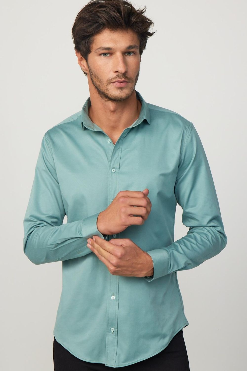 Slim Fit Likralı Düz Pamuk Saten Yeşil Erkek Gömlek