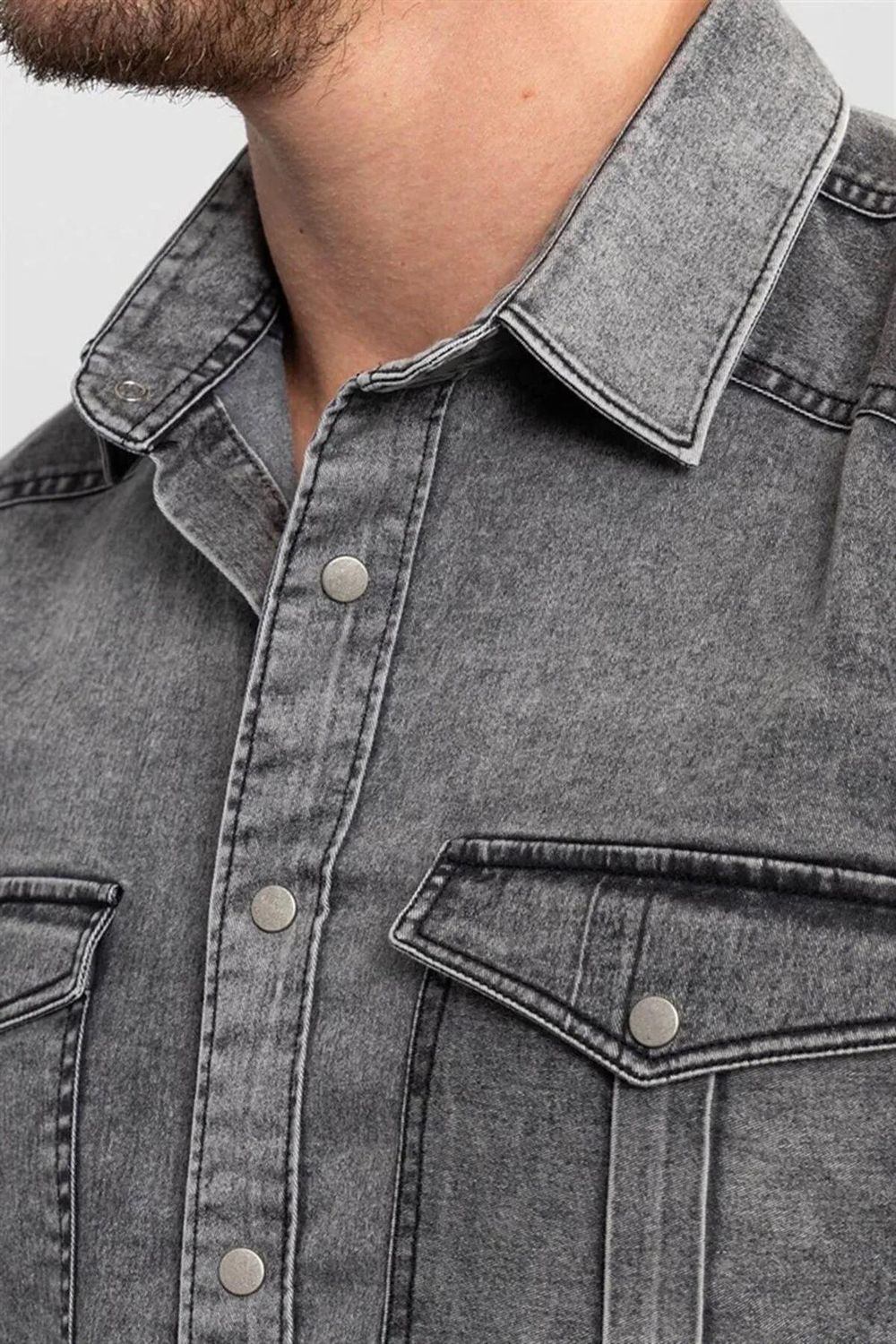 Slim Fit Uzun Kollu Dar Kesim Gündelik Denim Erkek Gri Gömlek