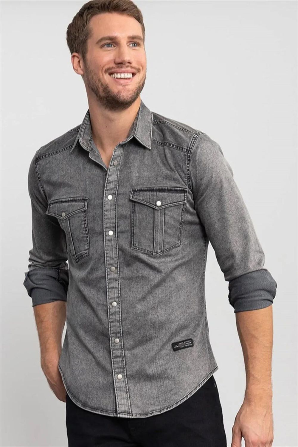Slim Fit Uzun Kollu Dar Kesim Gündelik Denim Erkek Gri Gömlek