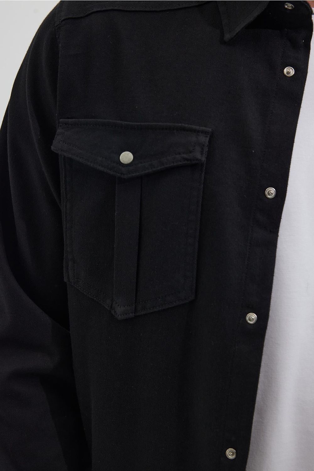Slim Fit Uzun Kollu Dar Kesim Denim Kot Çift Cepli Spor Yaka Erkek Siyah Gömlek