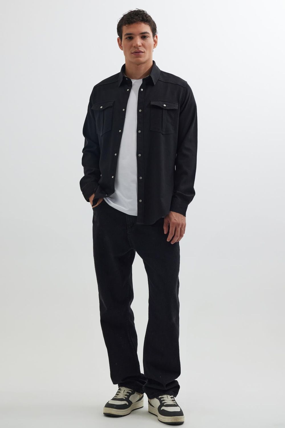 Slim Fit Uzun Kollu Dar Kesim Denim Kot Çift Cepli Spor Yaka Erkek Siyah Gömlek