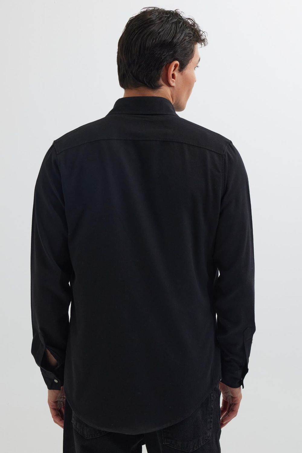 Slim Fit Uzun Kollu Dar Kesim Denim Kot Çift Cepli Spor Yaka Erkek Siyah Gömlek