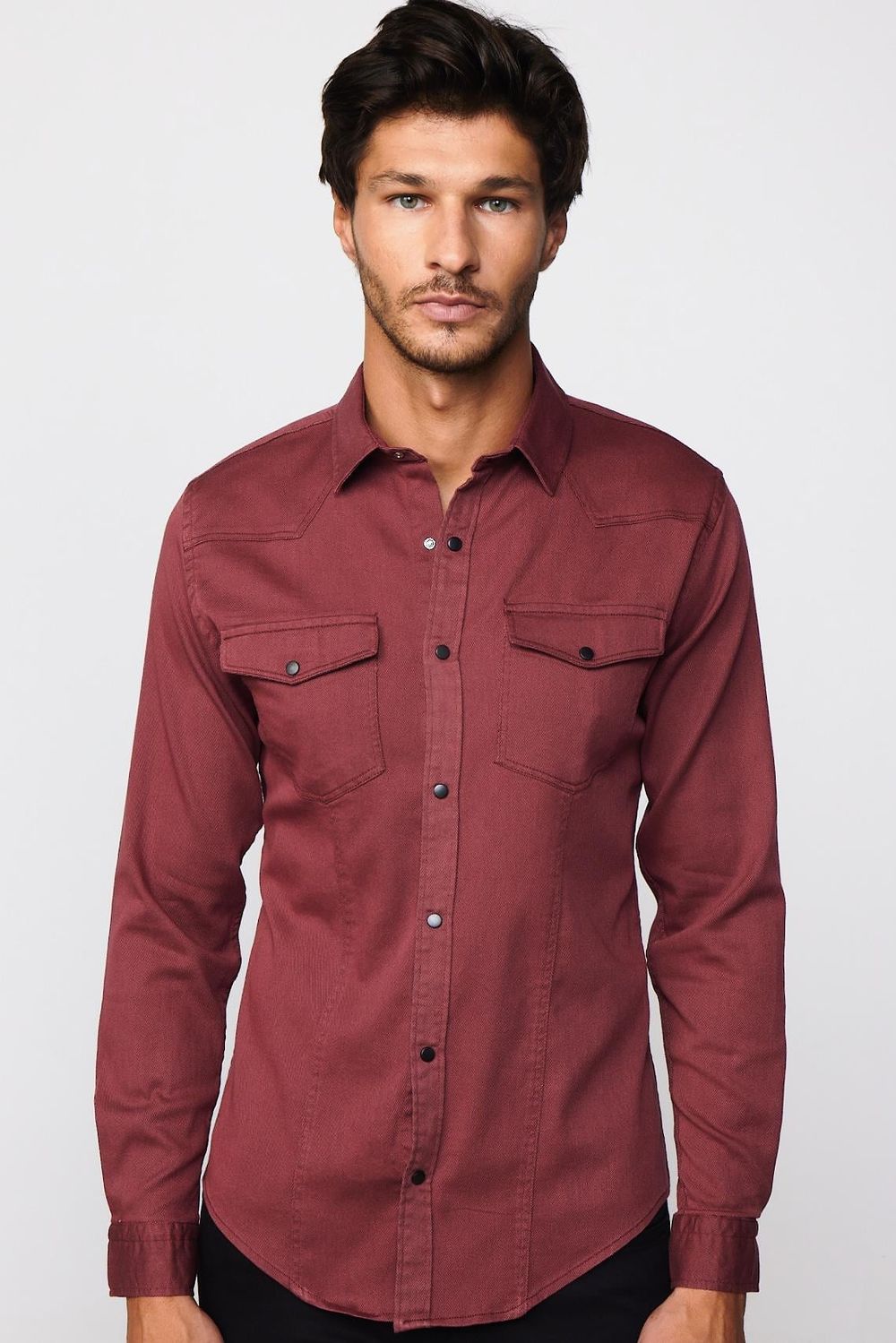 Slim Fit Gündelik Denim Bordo Erkek Gömlek