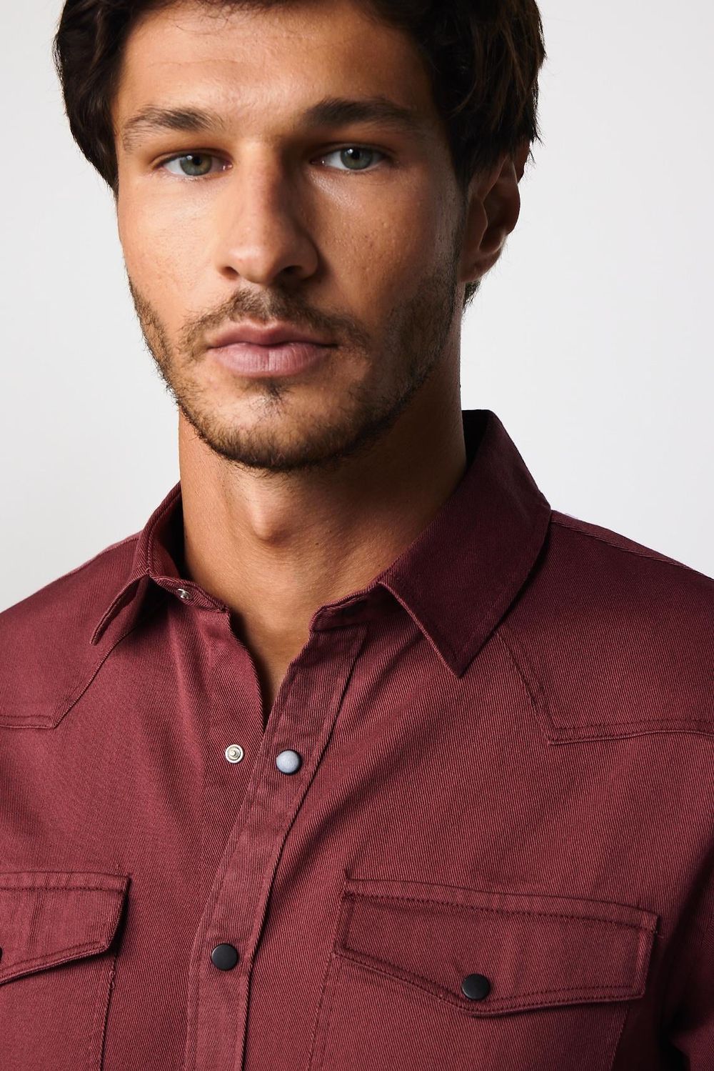 Slim Fit Gündelik Denim Bordo Erkek Gömlek