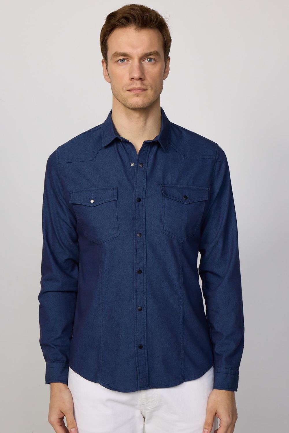 Slim Fit Gündelik Denim Lacivert Erkek Gömlek