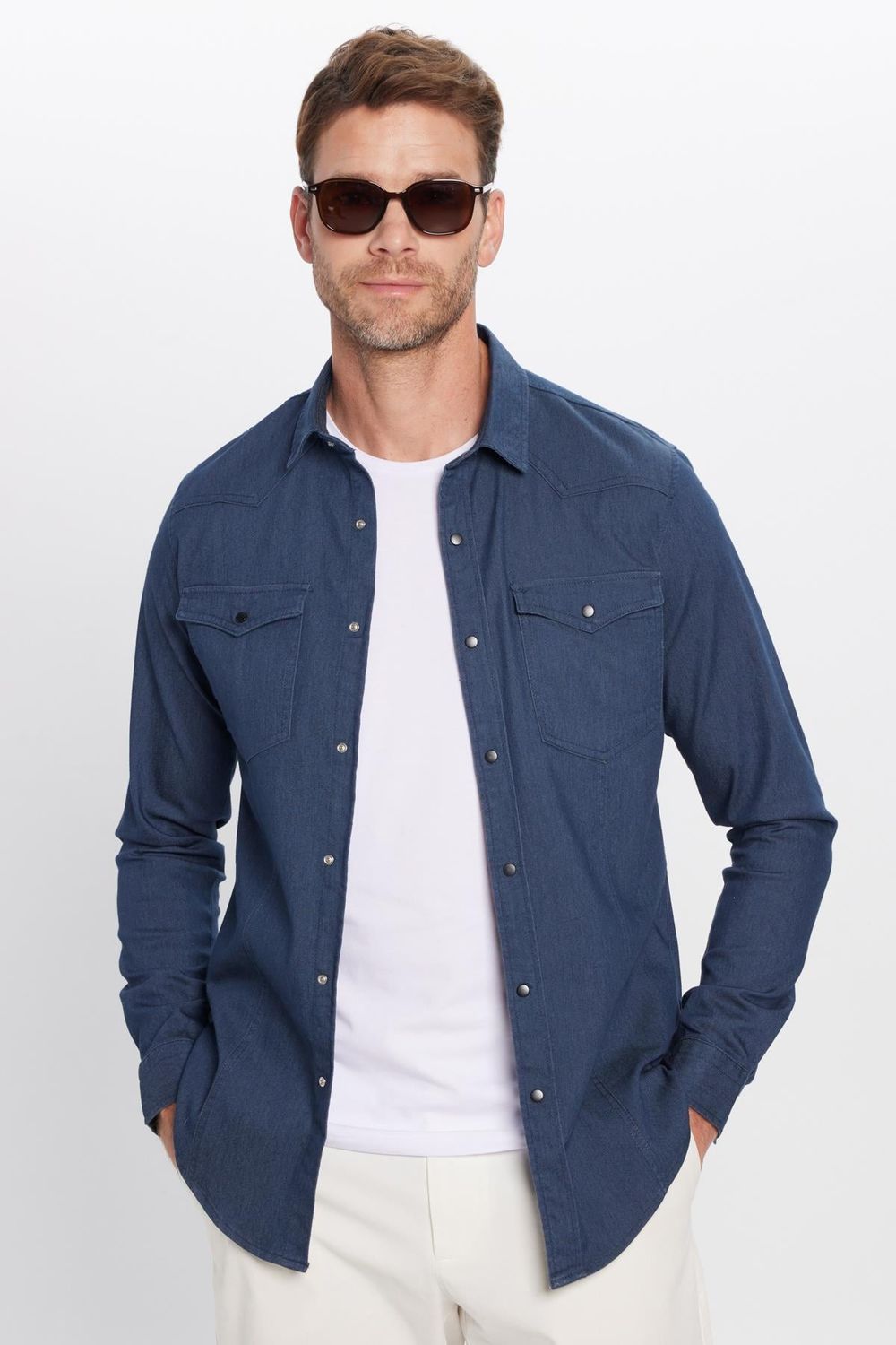 Erkek Slim Fit Dar Kesim Çift Cepli Denim Lacivert Gömlek