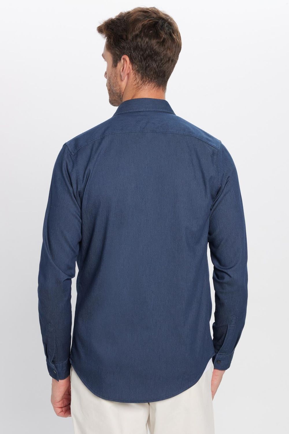 Erkek Slim Fit Dar Kesim Çift Cepli Denim Lacivert Gömlek