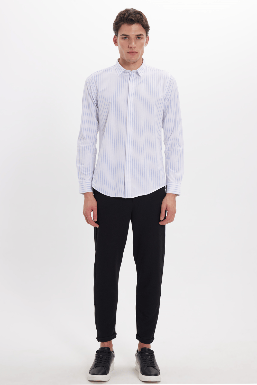 Slim Fit Uzun Kollu Pamuklu Kolay Ütü Çizgili Erkek Beyaz Gömlek