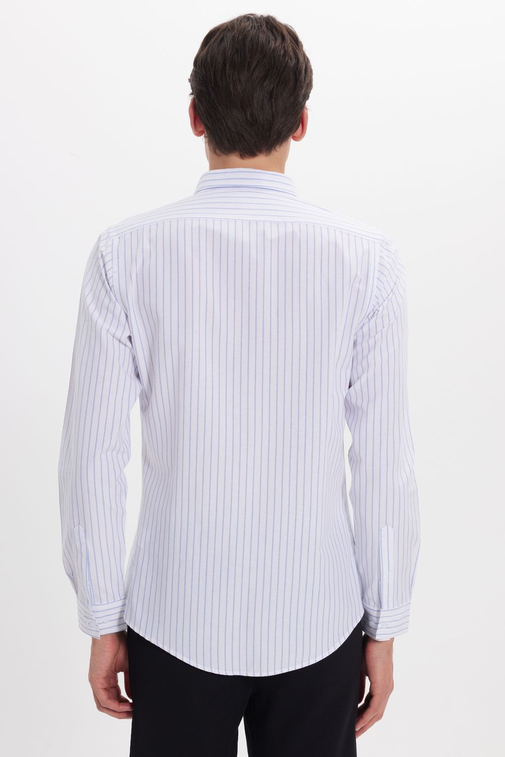 Slim Fit Uzun Kollu Pamuklu Kolay Ütü Çizgili Erkek Beyaz Gömlek