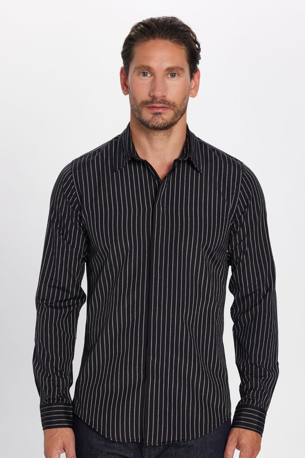 Slim Fit Uzun Kollu Pamuklu Kolay Ütü Çizgili Erkek Siyah Lacivert Gömlek
