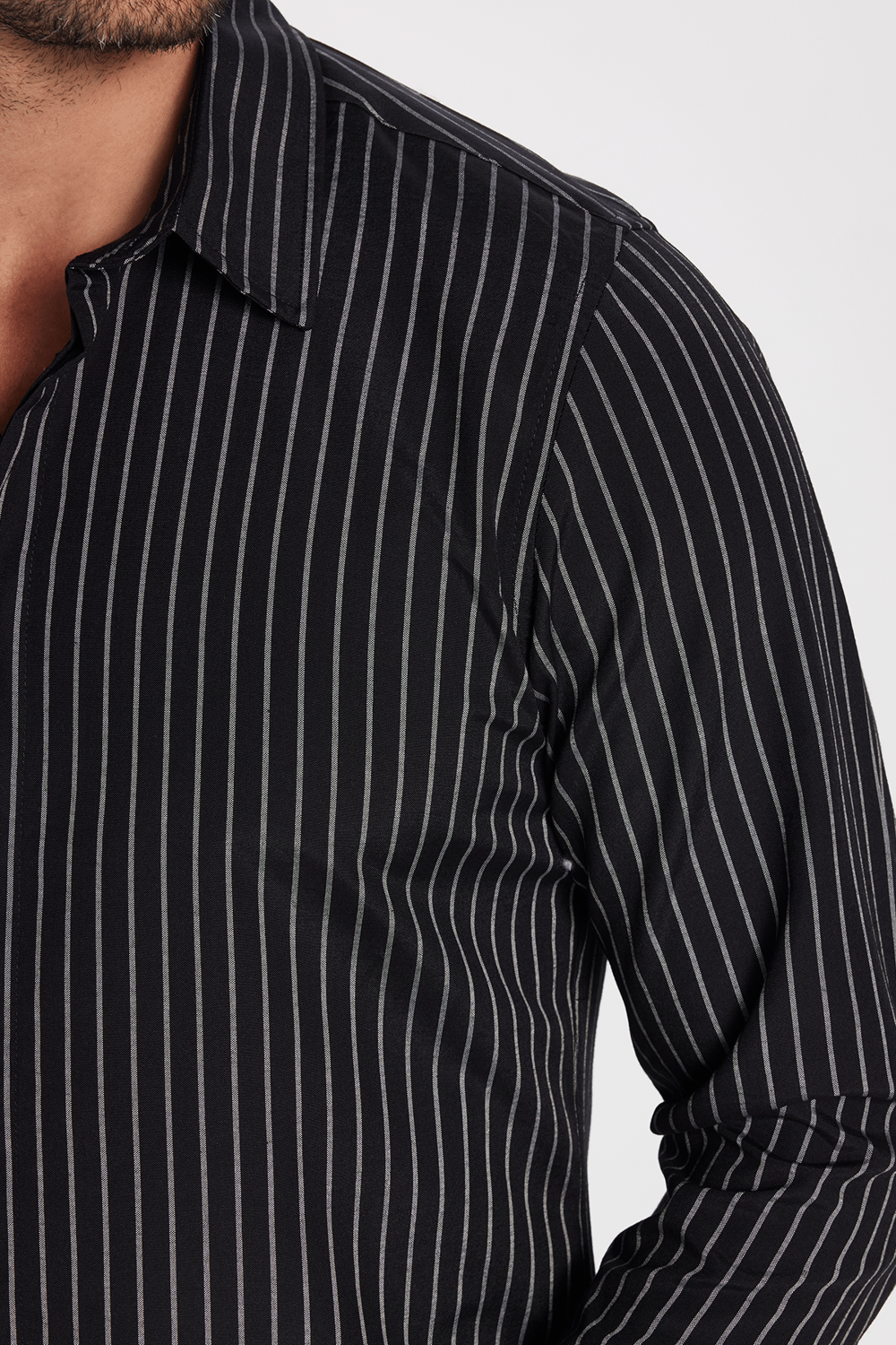 Slim Fit Uzun Kollu Pamuklu Kolay Ütü Çizgili Erkek Siyah Lacivert Gömlek