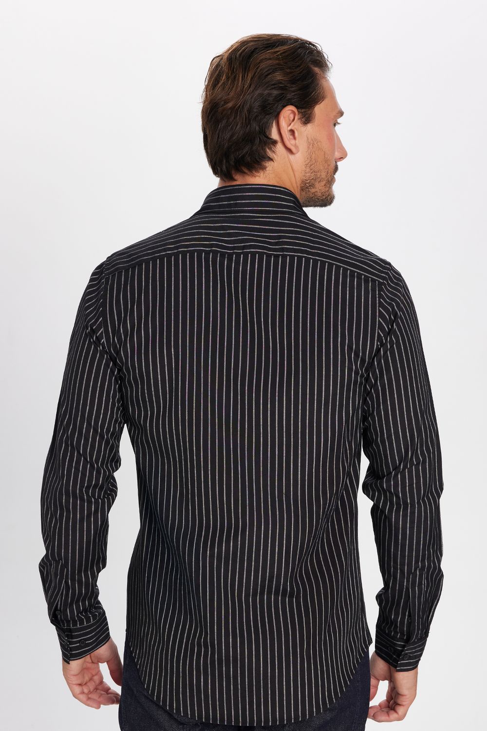 Slim Fit Uzun Kollu Pamuklu Kolay Ütü Çizgili Erkek Siyah Lacivert Gömlek