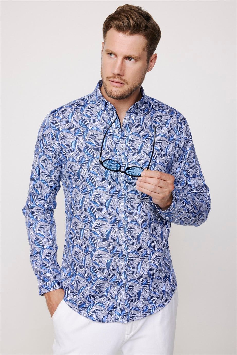 Slim Fit Desenli Pamuklu Kolay Ütü Erkek Gömlek