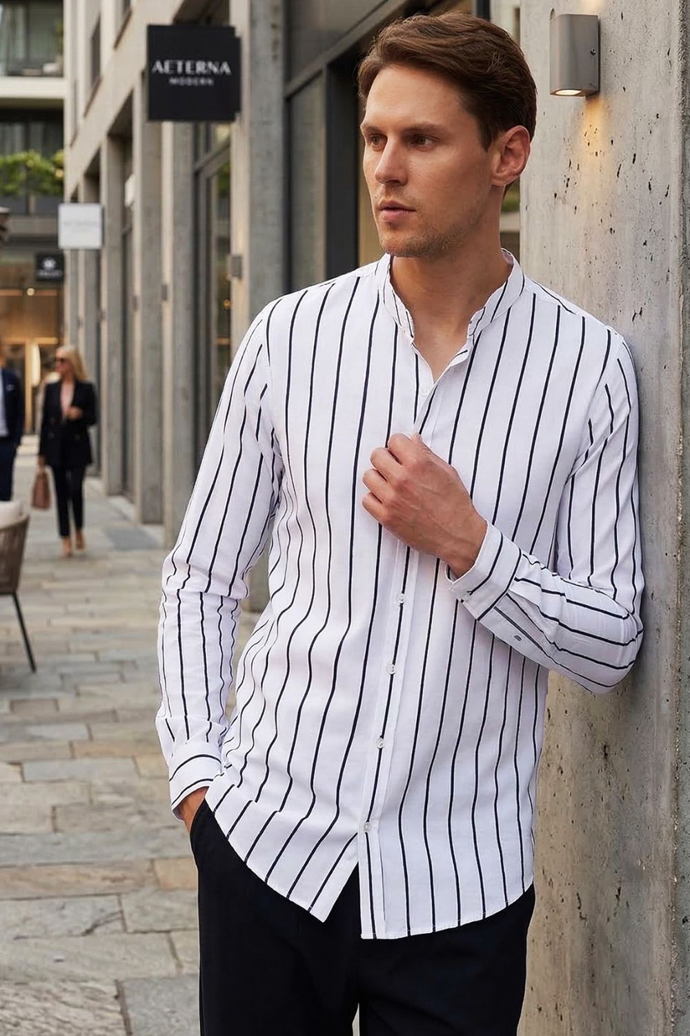 Slim Fit Uzun Kollu Hakim Yaka Pamuklu Kolay Ütü Çizgili Erkek Beyaz Gömlek