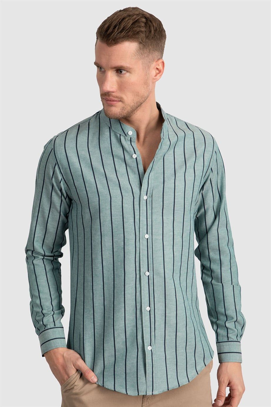 Slim Fit Dar Kesim Çizgili Hakim Yaka Poplin Oxford Gömlek