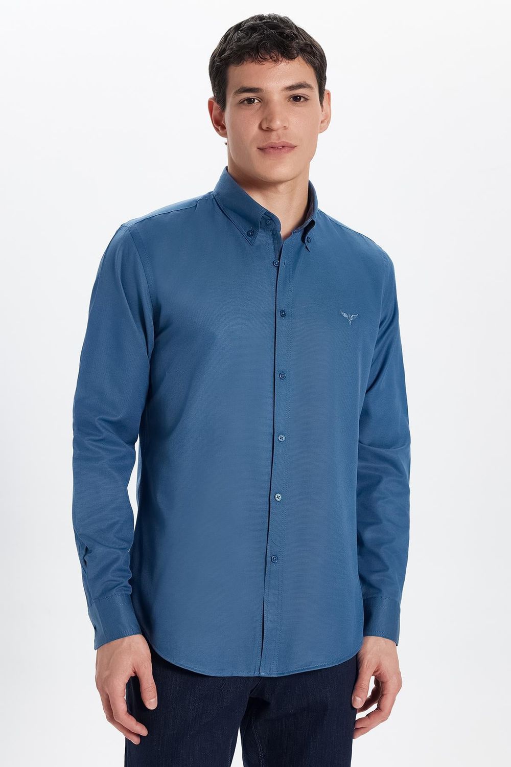 Erkek Slim Fit Dar Kesim Uzun Kollu Pamuklu Oxford Doku Petrol Renk Düğmeli Yaka Gömlek