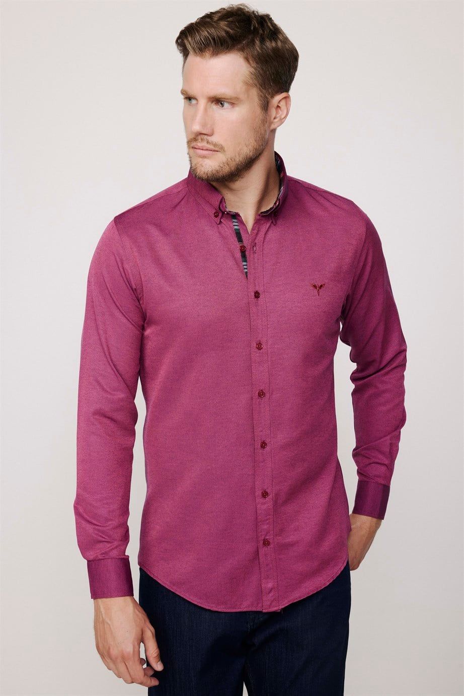 Slim Fit Pamuklu Kolay Ütü Düz Erkek Bordo Gömlek