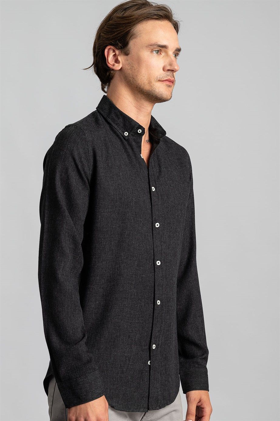 Slim Fit Düz Esnek Doku Kışlık Erkek Gömlek