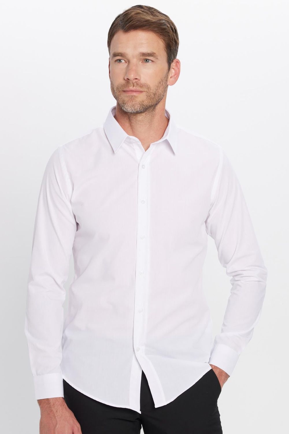 Slim Fit Uzun Kollu Pamuklu Kolay Ütü Erkek Beyaz Gömlek