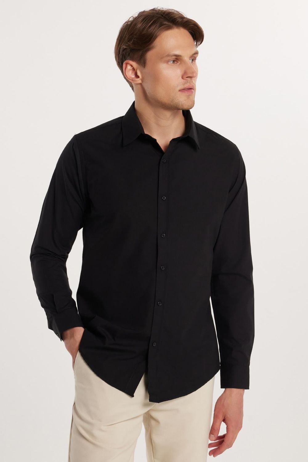 Erkek Slim Fit Dar Kesim Pamuklu Terry Cotton Kumaş Kolay Ütü Siyah Gömlek