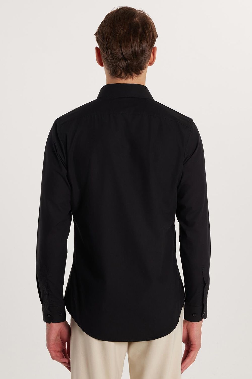 Erkek Slim Fit Dar Kesim Pamuklu Terry Cotton Kumaş Kolay Ütü Siyah Gömlek