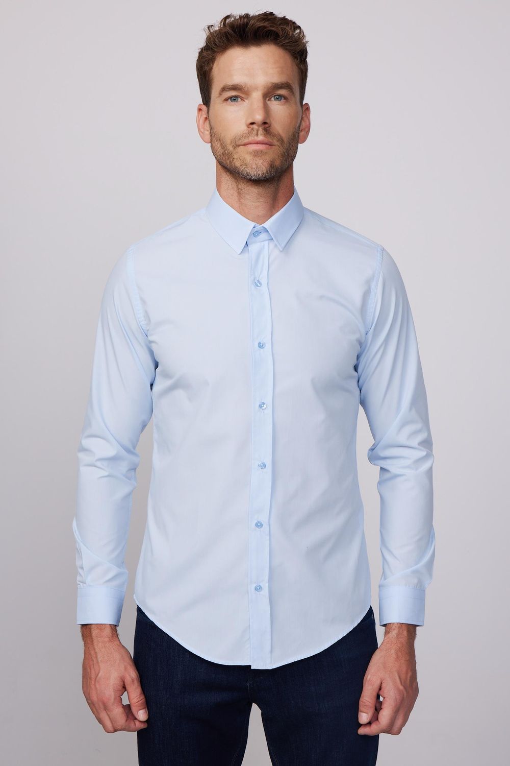 Slim Fit Pamuklu Kolay Ütü Mavi Erkek Gömlek