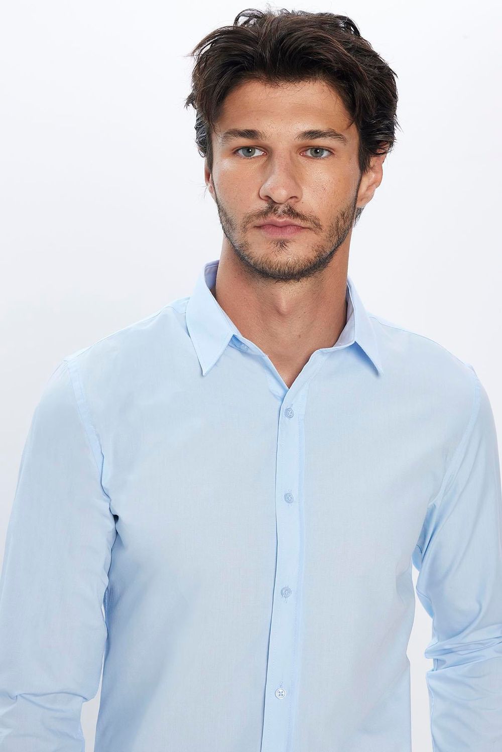 Slim Fit Uzun Kollu Pamuklu Kolay Ütü Erkek Mavi Gömlek