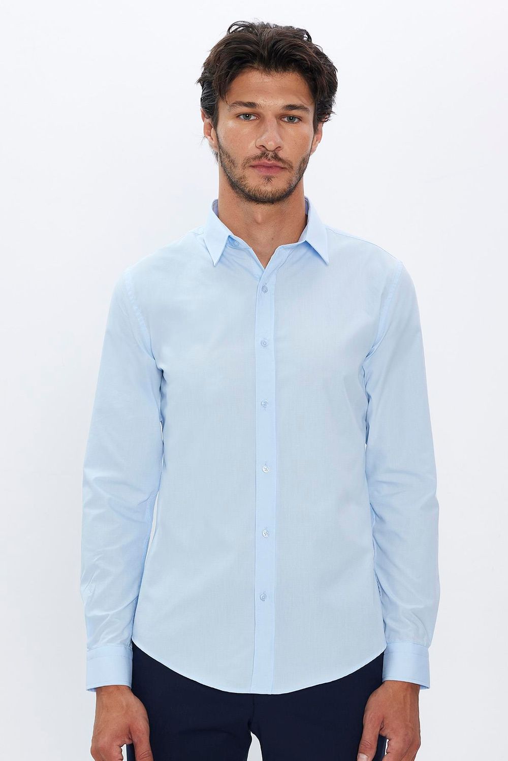 Slim Fit Uzun Kollu Pamuklu Kolay Ütü Erkek Mavi Gömlek