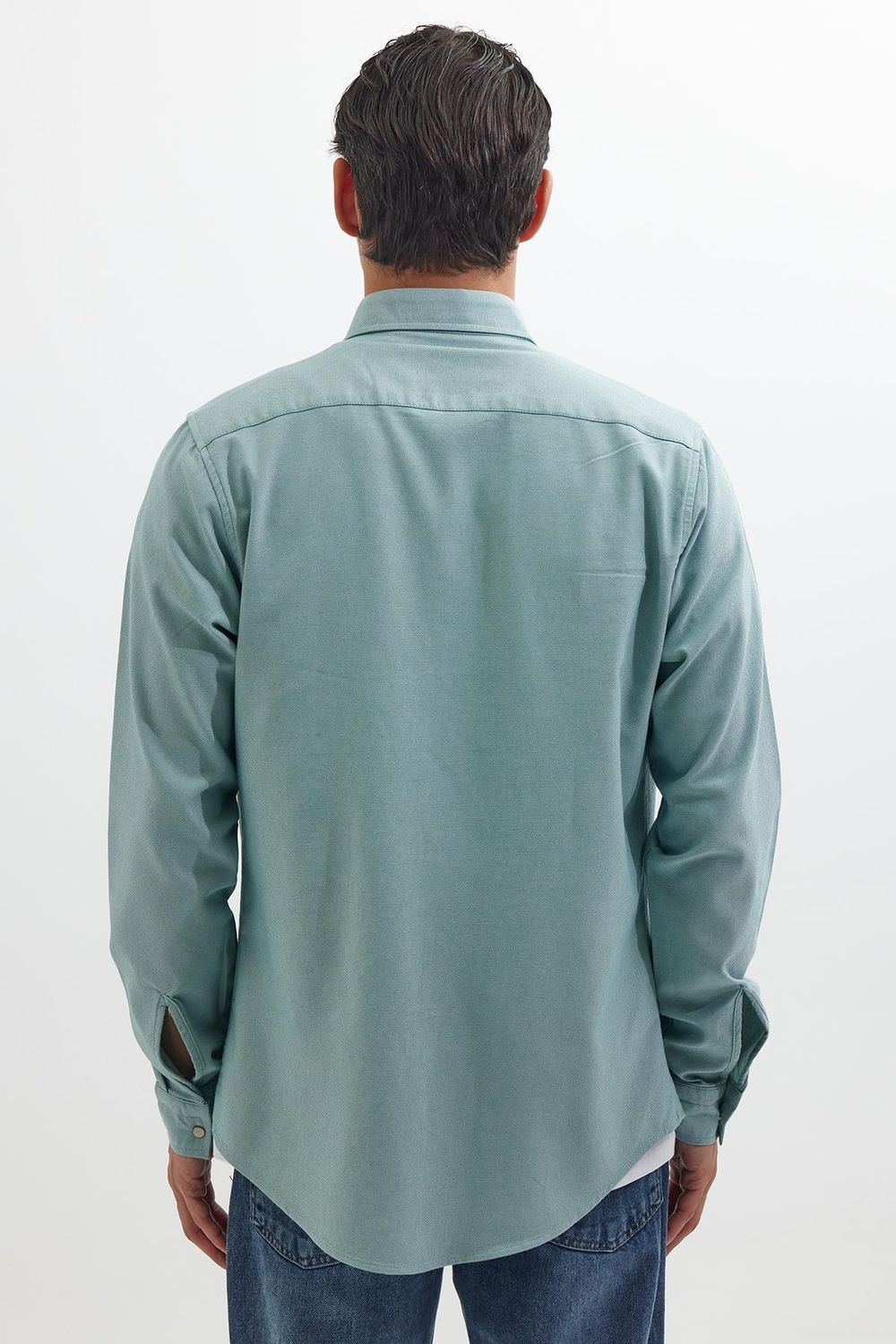 Slim Fit Uzun Kollu Spor Yaka Yıkamalı Çift Cepli Armürlü Denim Kot Mint Erkek Gömlek